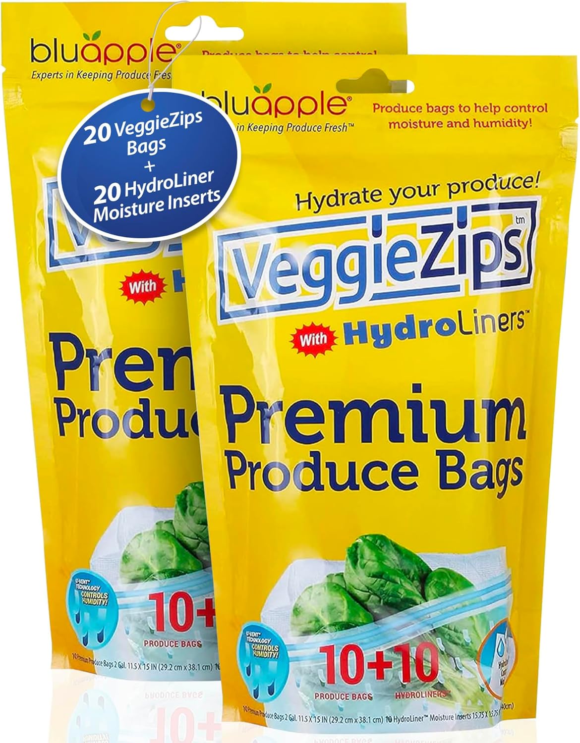 Bluapple VeggieZips Sistema de almacenamiento de productos de alta calidad, juego de 40 piezas, 20 bolsas ahorradoras de alimentos + 20 HydroLiners,