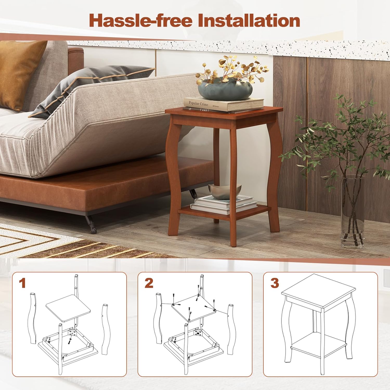 GOFLAME Mesa auxiliar cuadrada de 2 niveles, moderna mesa auxiliar de sofá con estante de almacenamiento, patas de madera maciza, mesa de acento