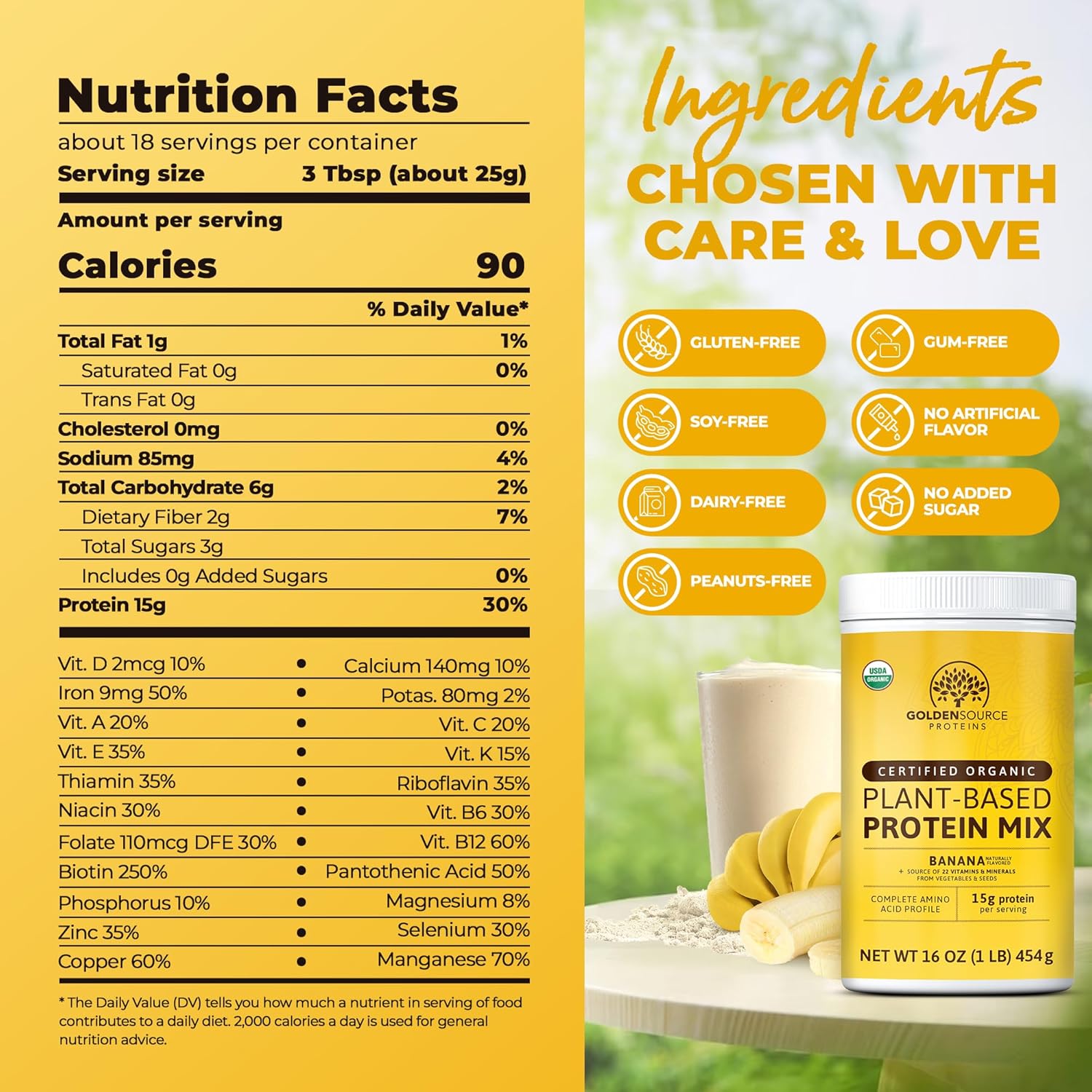 GoldenSource Proteins, plátano, proteína en polvo a base de plantas, mezcla de proteínas, proteína en polvo con 22 vitaminas y minerales, 0.63 onzas