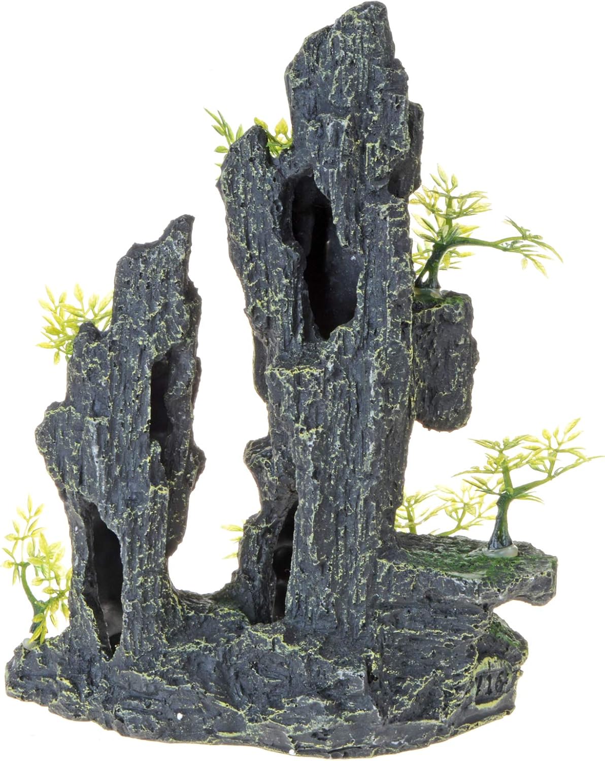Saim Adornos de piedra para acuario, vista de montaña, árbol, cueva, cueva, pecera, con 3 peces pequeños de plástico (estilo 4)