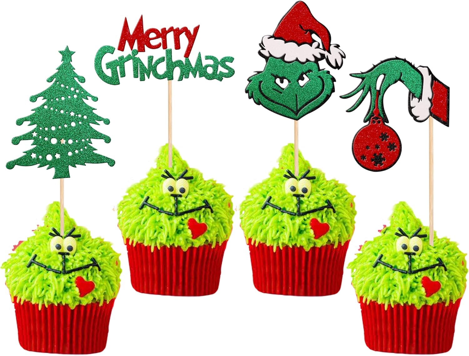 24 piezas de decoración para cupcakes con temática de Grinchmas Grinch rojo y verde con purpurina para árbol de Navidad para árbol de Navidad con