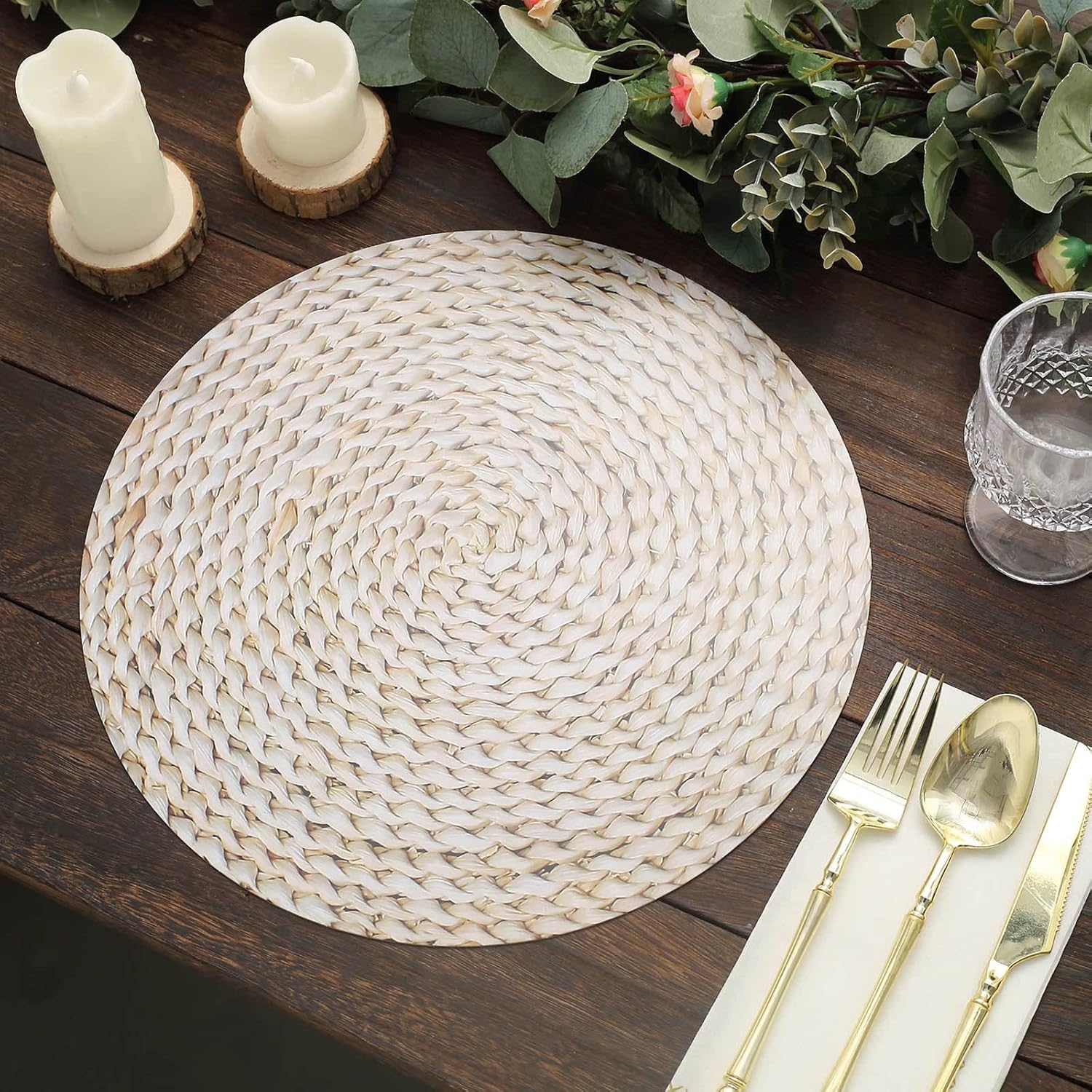 TABLECLOTHSFACTORY – Paquete de 6 bandejas desechables con diseño de ratán tejido de trigo de 13 pulgadas, platos de carga de papel redondos