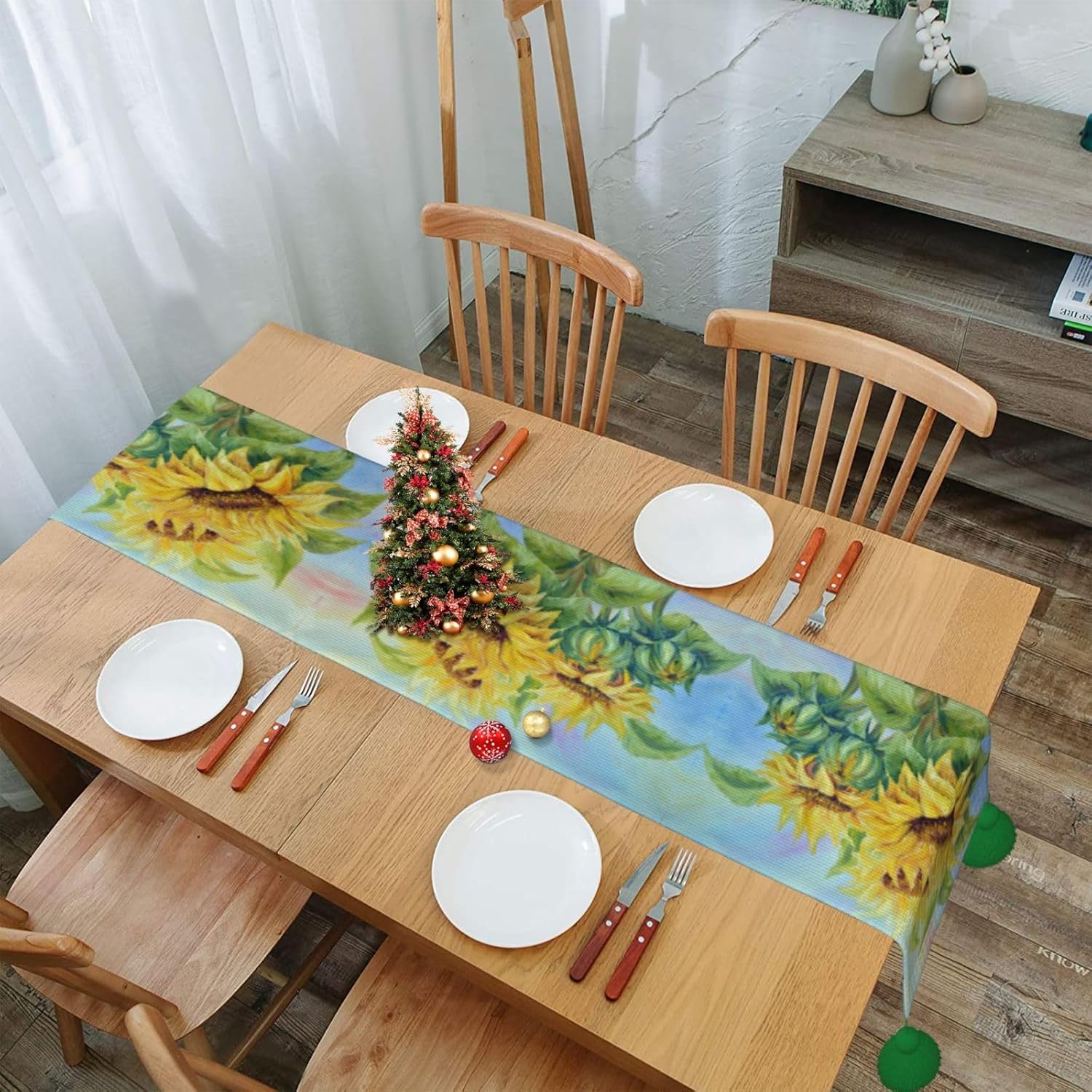 Sunflowers Oil Painting Christmas Table Runner Dining Table Decor Christmas Decorations Indoor Home Decor Christmas Table Runners Xmas Navidad