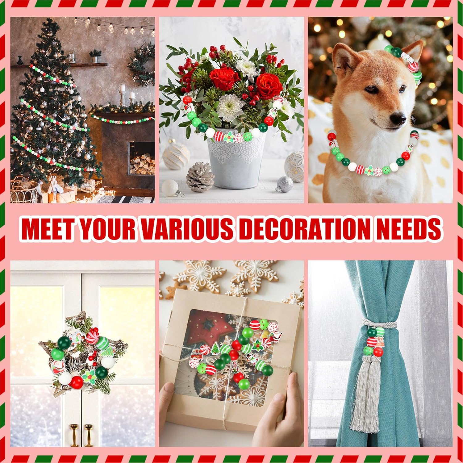 FairySandy 240 cuentas de madera de Navidad para manualidades, cuentas de madera para manualidades, 0.63 pulgadas, colgantes, rojo, verde, blanco,