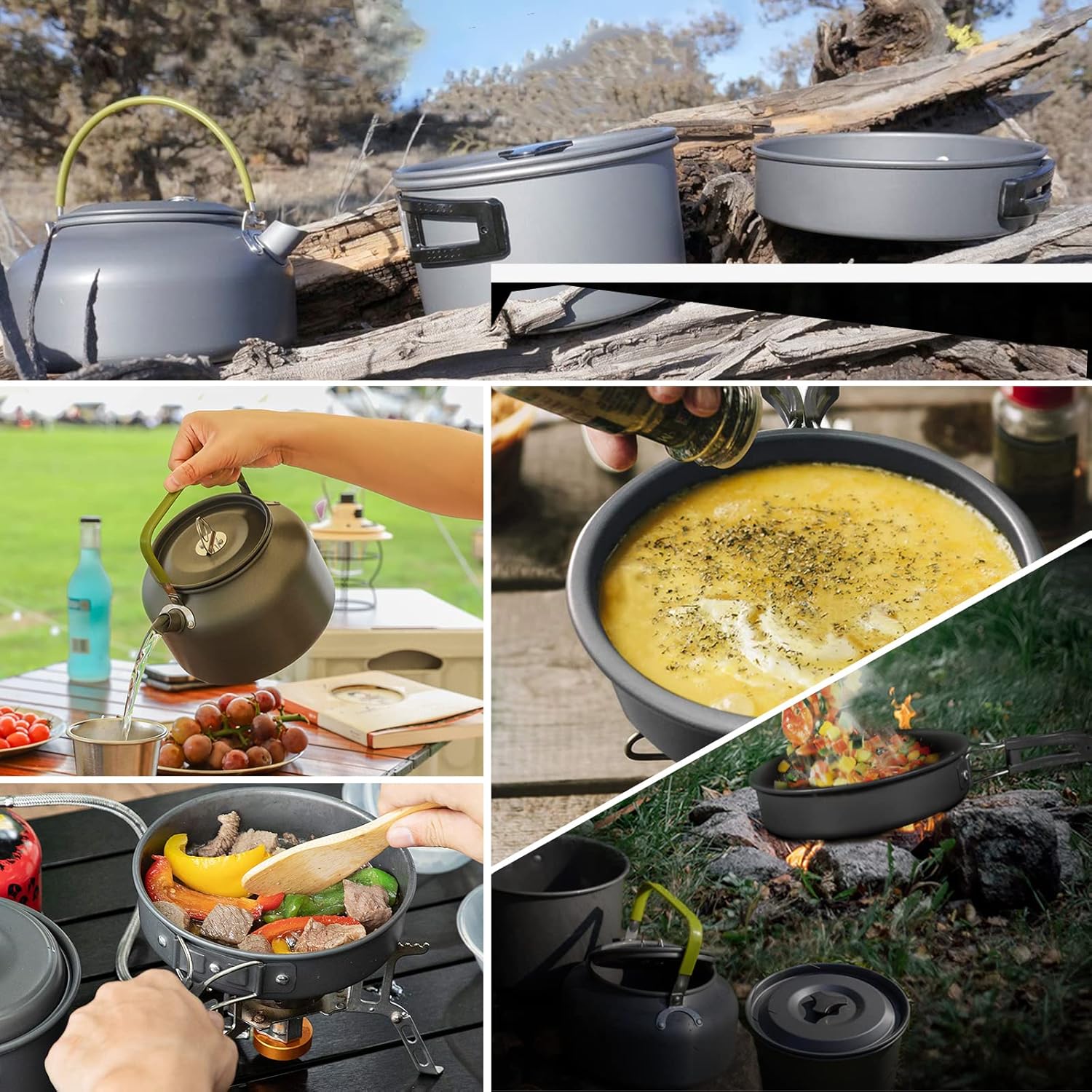 Adviarsim Kit de utensilios de cocina de aluminio para acampar al aire libre, juego de cocina plegable, tetera y sartén, ollas ligeras