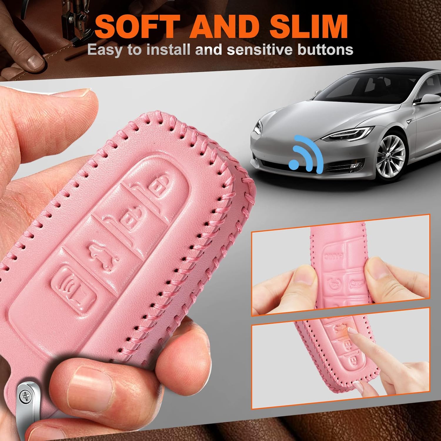 Slohif Funda de cuero para llavero de Toyota para Camry 4 botones, funda de cuero+anillo en D+gancho Futi, Rosado