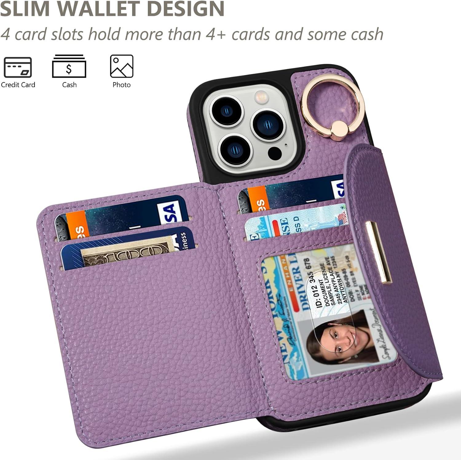 Keallce Funda para iPhone 13 Pro de 6.1 pulgadas 2021, funda tipo cartera con ranuras para tarjetas, soporte de anillo con soporte de soporte, funda