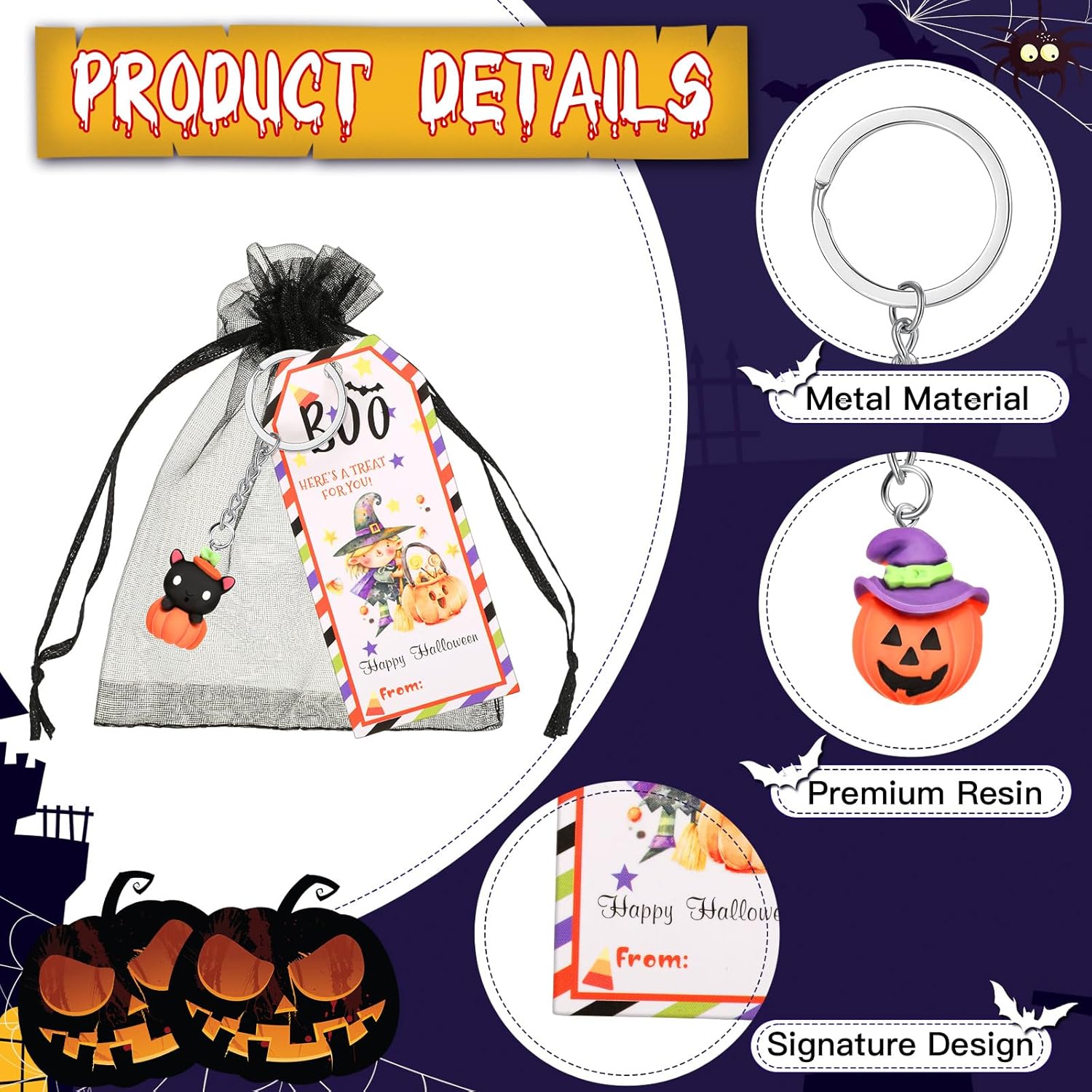 72 piezas de regalos de Halloween, 24 unidades, regalos de Halloween, para estudiantes, 24 llaveros de Halloween, llavero de calabaza fantasma, 24