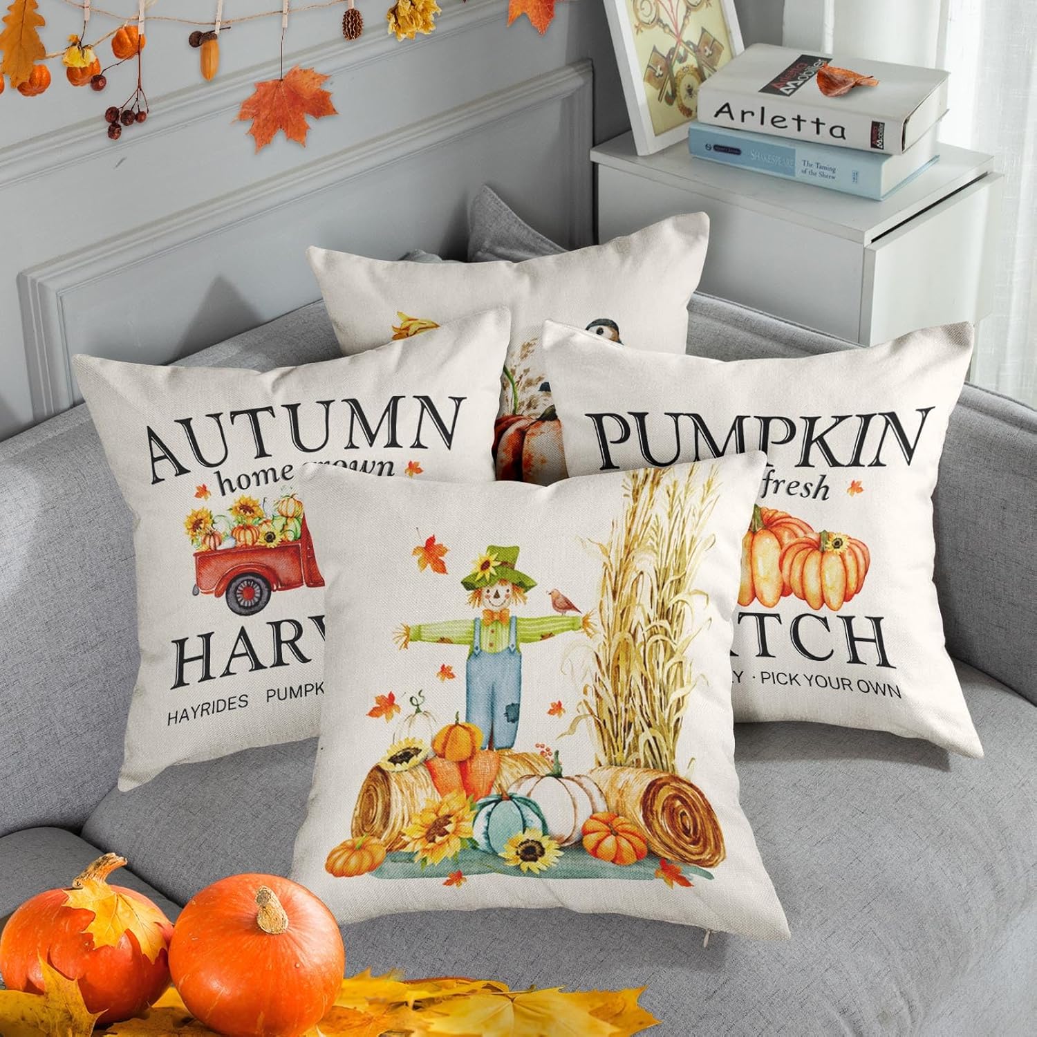 Fundas de almohada otoñales de 18 x 18 pulgadas, diseño de calabaza, espantapájaros, granja, día de Acción de Gracias, decoración del hogar, juego