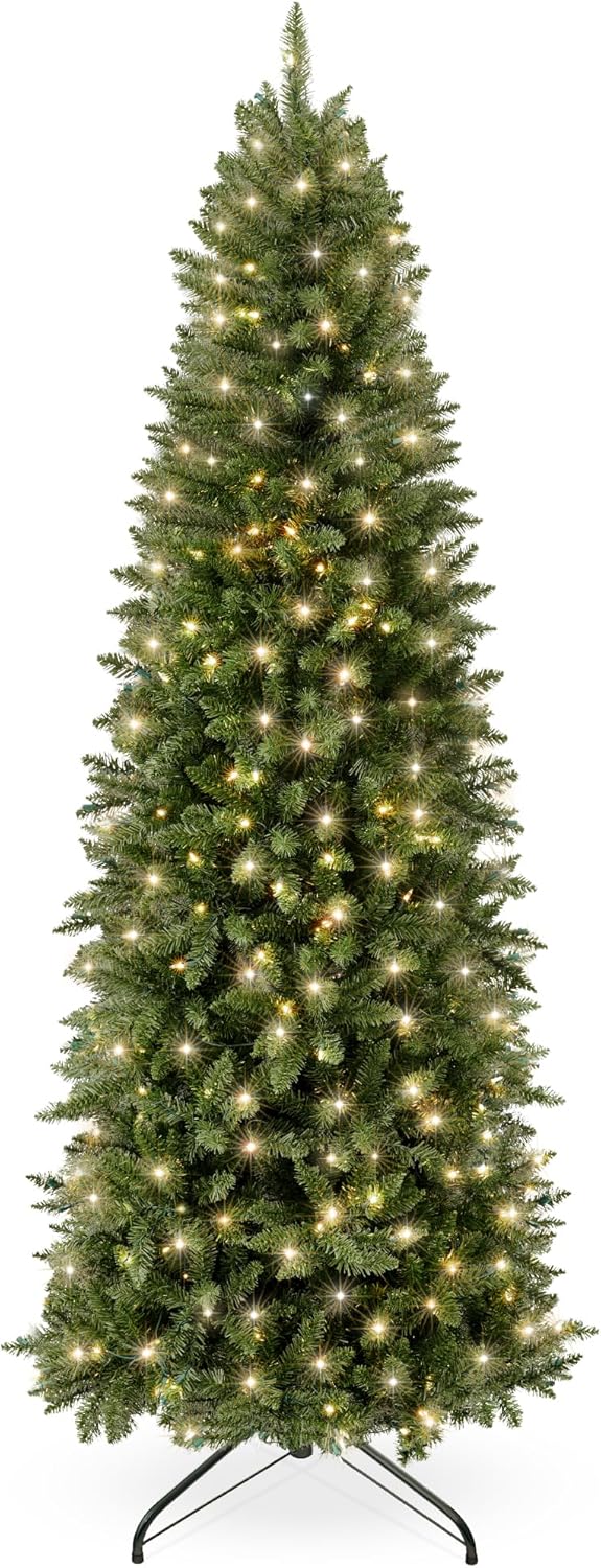Best Choice Products Árbol de Navidad preiluminado de 7.5 pies, decoración navideña delgada de abeto delgado con 1,075 puntas, 350 luces, bisagras