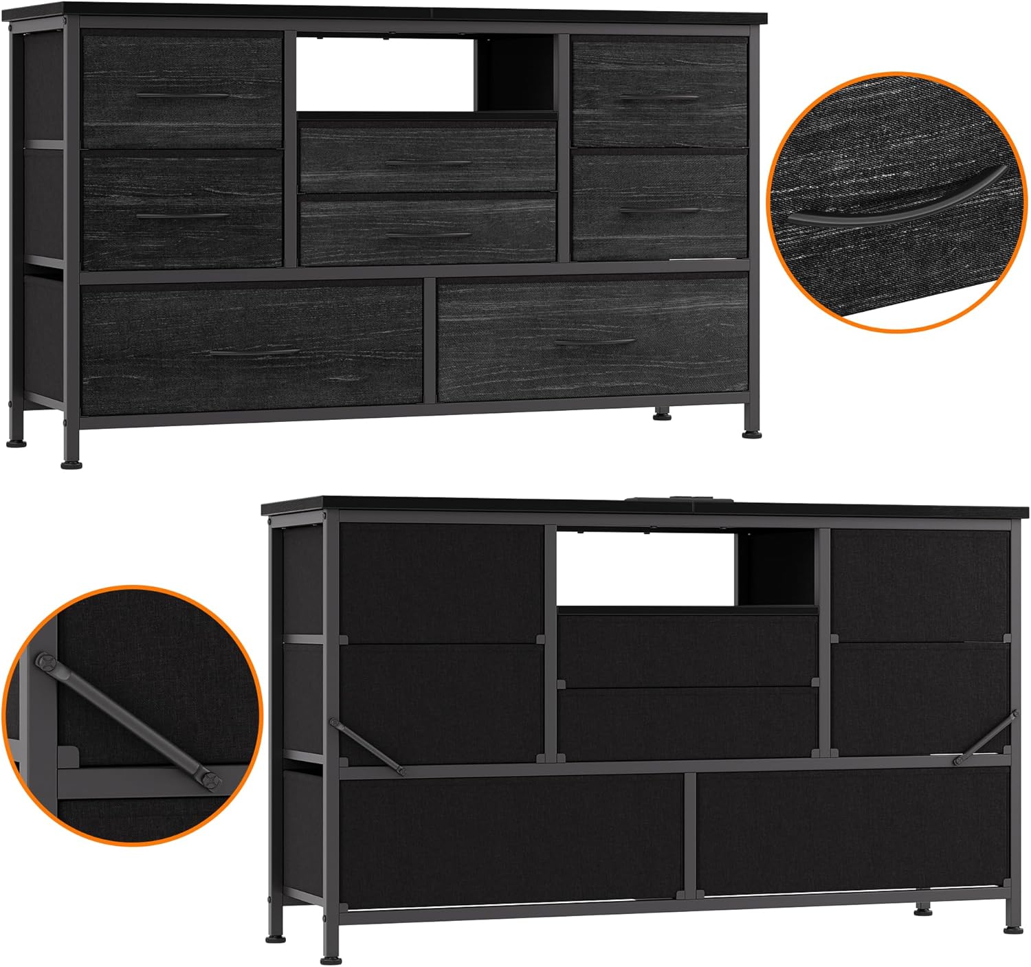 Soporte de TV de 8 aparadores con toma de corriente y LED para TV de 55 pulgadas, cómoda larga para dormitorio con 8 cajones profundos, mesa consola