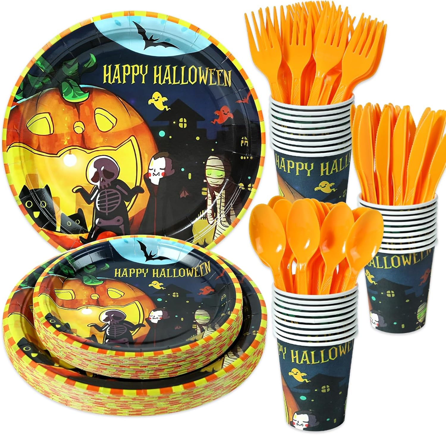 150 piezas de suministros para fiesta de Halloween, decoraciones de fiesta de Halloween (sirve 25), juego de vajilla desechable para niños, incluye