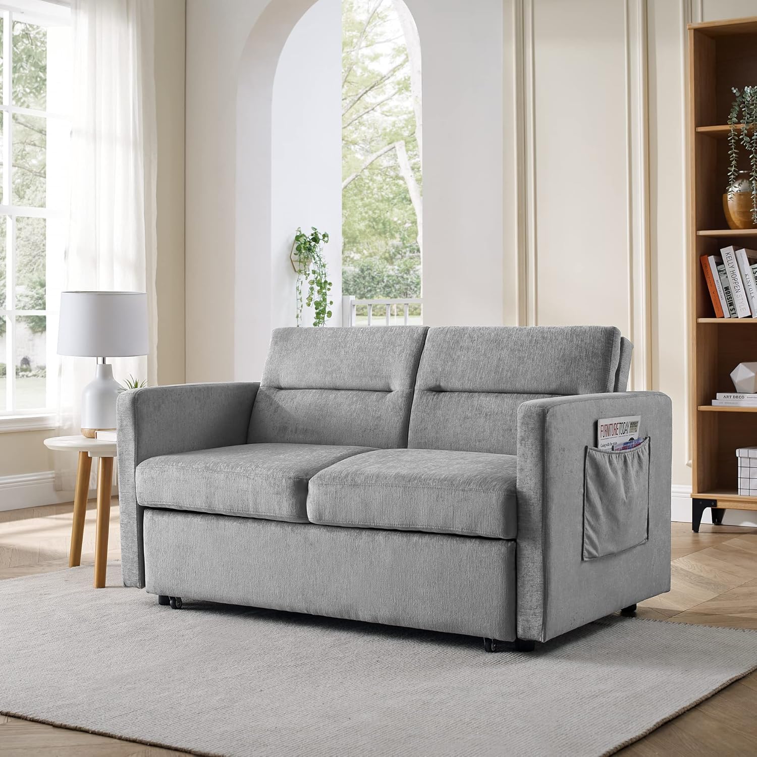 Sofá cama convertible moderno de 54.5 pulgadas, dos bolsillos laterales, tela gris con cama extraíble, sofá biplaza y respaldo ajustable para sala