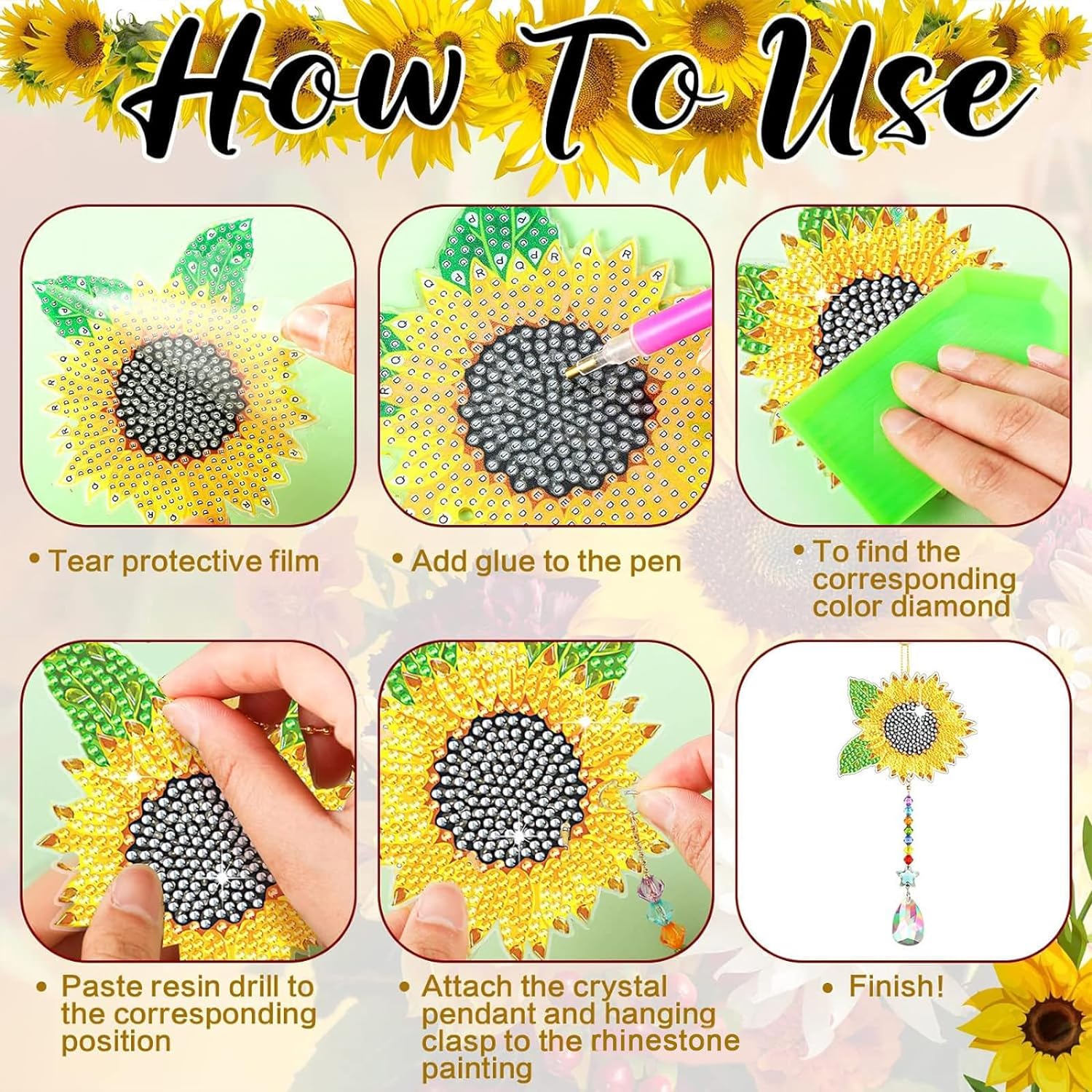 Juego de 6 carillones de viento con diamantes de imitación 5D, diseño de girasol, cristales de viento, adornos de mariposa de doble cara con