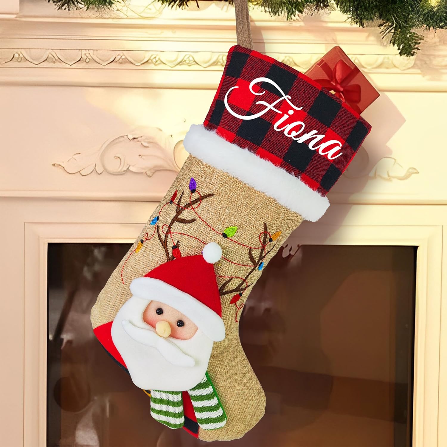 Medias de Navidad familiares personalizadas, medias de Navidad personalizadas con nombre, arpillera a cuadros de Navidad 3D muñeco de