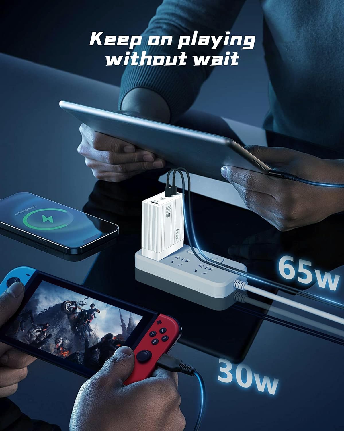 Cargador USB C de 100 W, 4 puertos GaN III PD&QC 3.0 tipo C, cargador rápido de múltiples puertos para MacBook AirPro, i-Phone i-Pad Samsung Galaxy