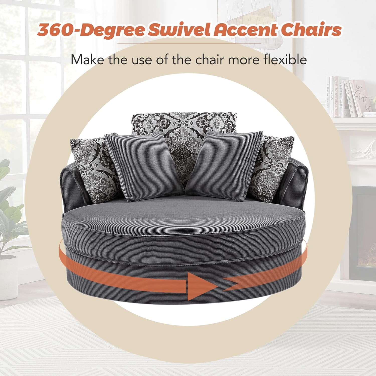 Merax, Silla redonda de 51.5 pulgadas de 51.5 pulgadas con diseño de barril giratorio de 360 grados, sofá redondo con 5 almohadas movibles, sofá
