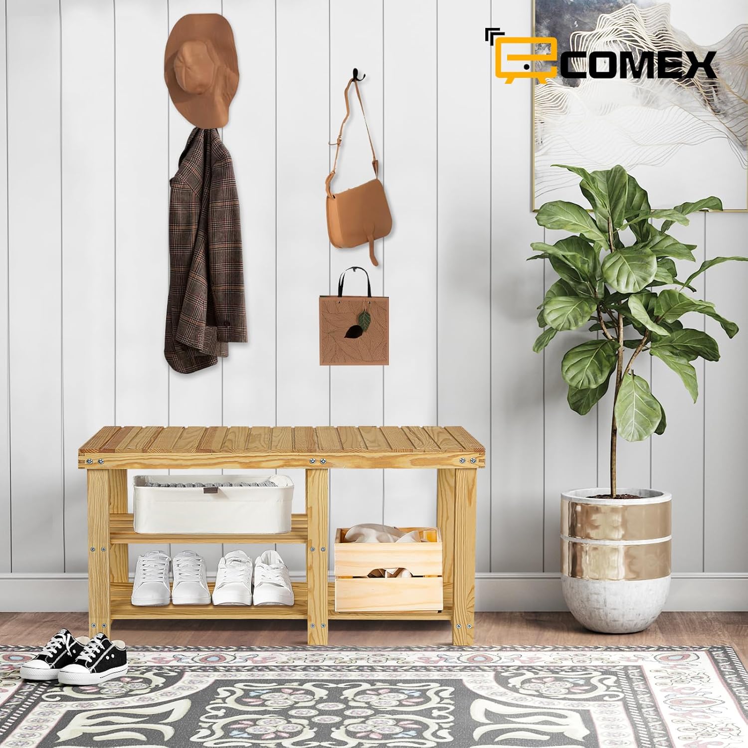 ECOMEX Zapatero para entrada, estante de madera de 3 niveles, organizador de zapatos, banco organizador de zapatos, banco de entrada para