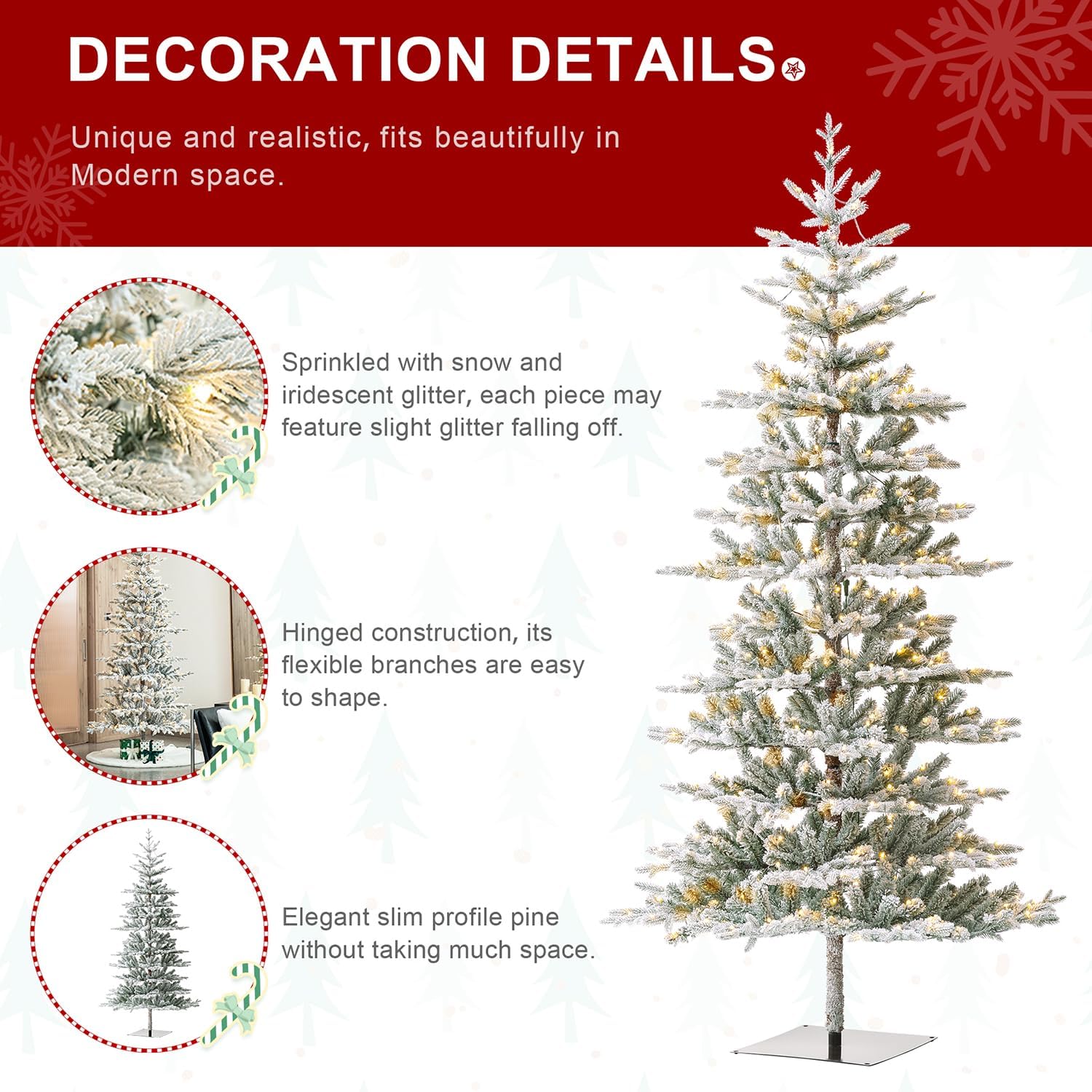 glitzhome Árbol de Navidad artificial de abeto flocado de lujo de 8 pies, árbol de Navidad con bisagras con 450 luces blancas cálidas, tres