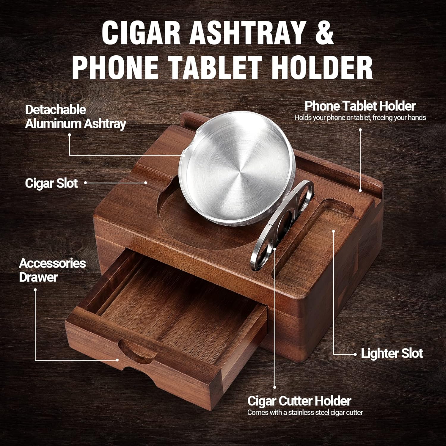 Cenicero de cigarros, ceniceros de madera con cortador de puros, soporte para tableta de teléfono, soporte para cigarrillos, cajón de accesorios y