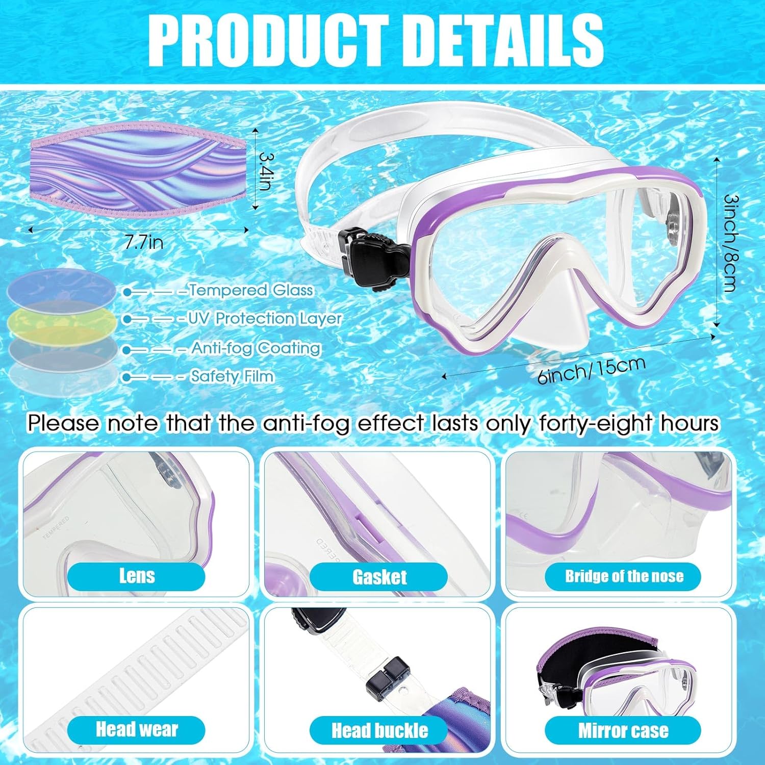 Fabbay 4 pares de gafas de esnórquel para niños, máscara de esnórquel con cubierta para la nariz, 4 piezas de neopreno para correa de neopreno, 4