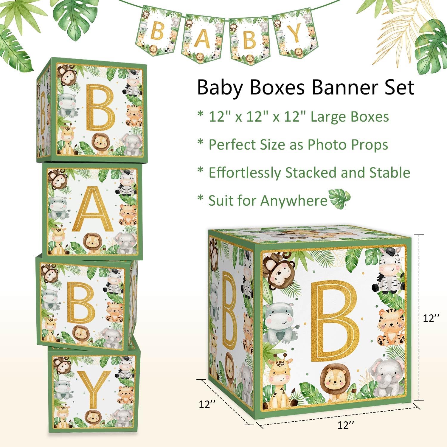 Safari Jungle – Decoraciones para baby shower, cajas de bebé con letras, 4 piezas de animales verdes grandes para niños, cajas de baby shower,