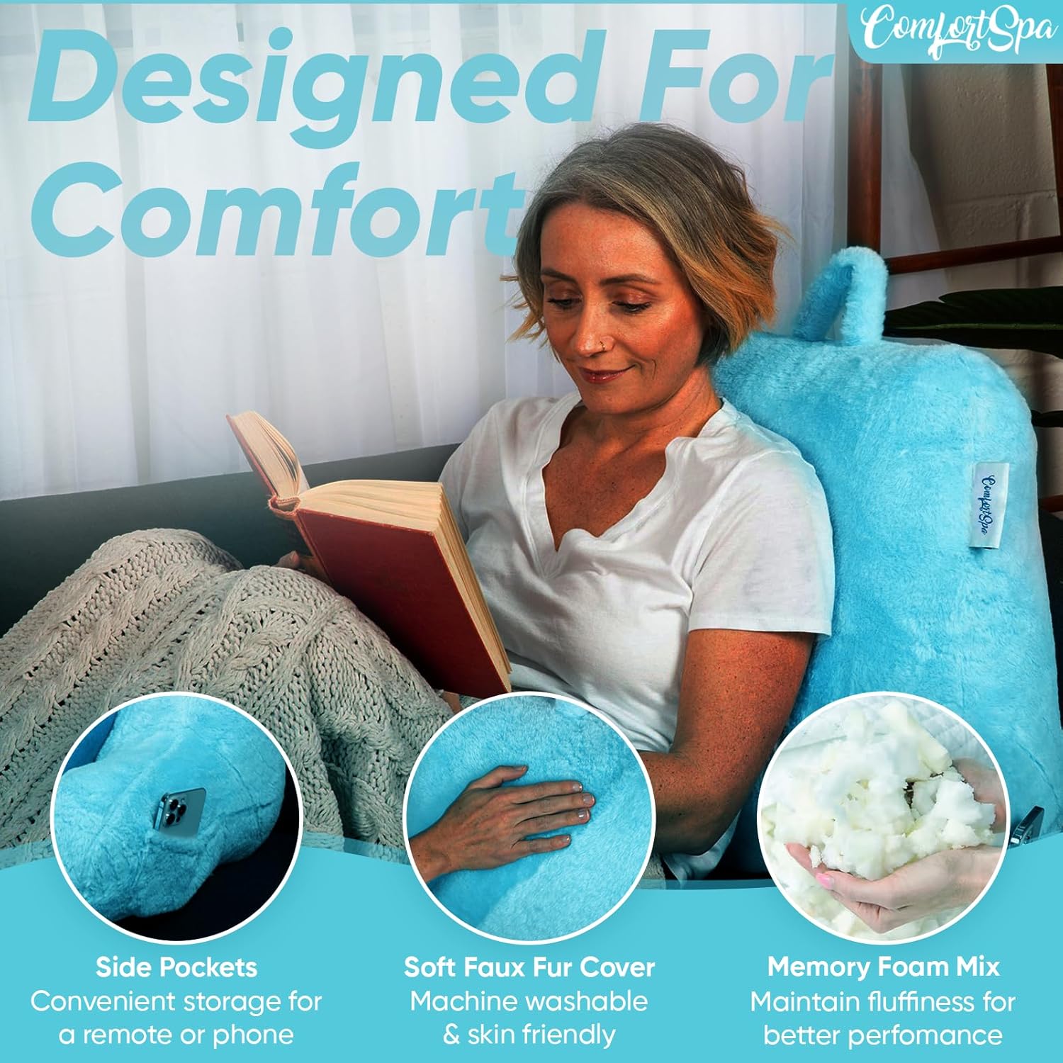 ComfortSpa Almohadas de lectura para sentarse en la cama para adultos, almohada de espalda para sentarse en la cama, brazos, bolsillos y funda