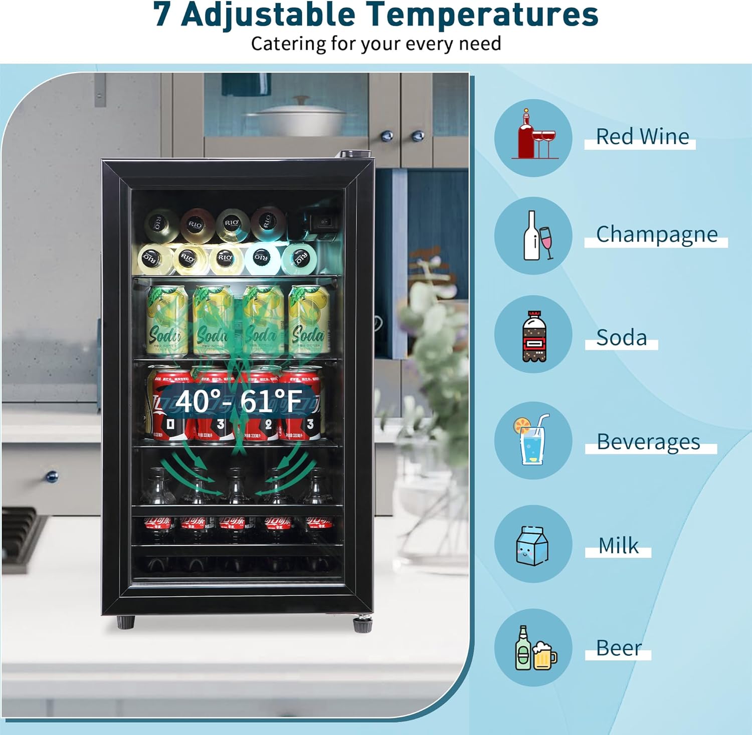 Tymyp Refrigerador de bebidas, mini refrigerador de 120 latas, refrigerador de vino con estantería ajustable y puerta de vidrio para cerveza de soda