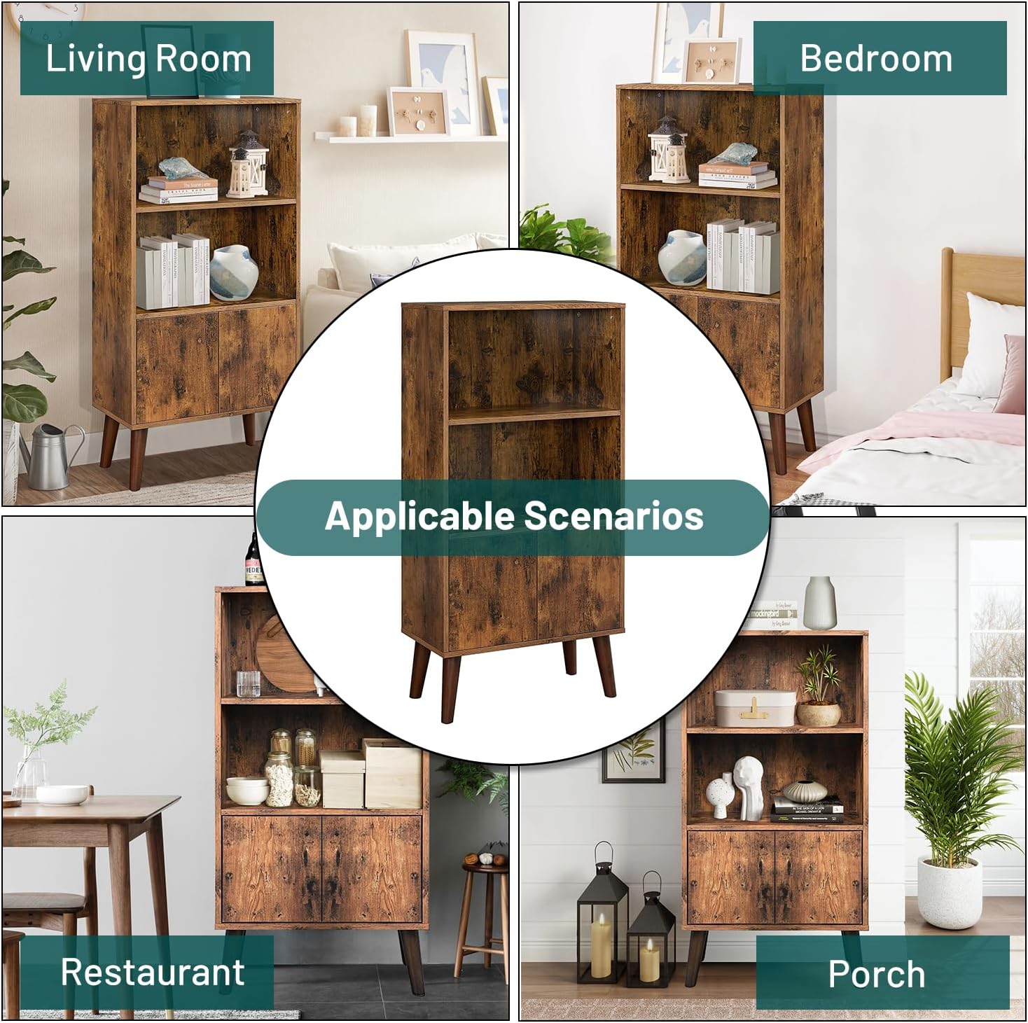 Wonder Comfort Estantería de madera de 3 niveles con 1 puerta y 2 estantes abiertos, estantería marrón rústico de mediados de siglo para libros y