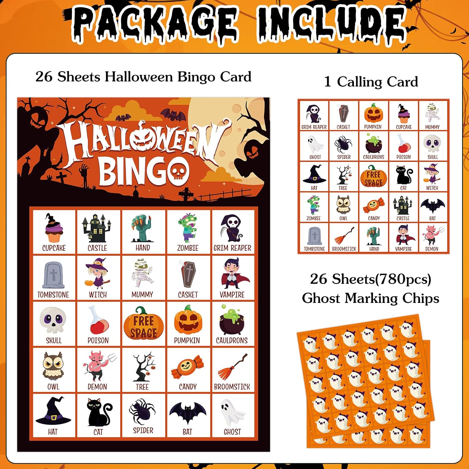 FLYAB Tarjetas de juego de bingo de Halloween para niños y adultos, 26 jugadores, juegos de fiesta de Halloween para niños, tarjetas de bingo de