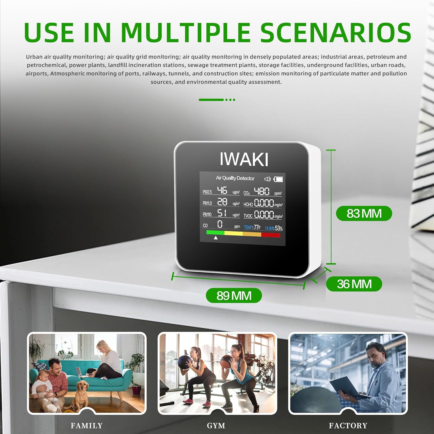 iwaki Detectores de monóxido de carbono 9 en 1 Monitor portátil de CO detecta monóxido de carbono (CO) Medidas CO2 PM2.5 TVOC HCHO PM1.0 PM10 para