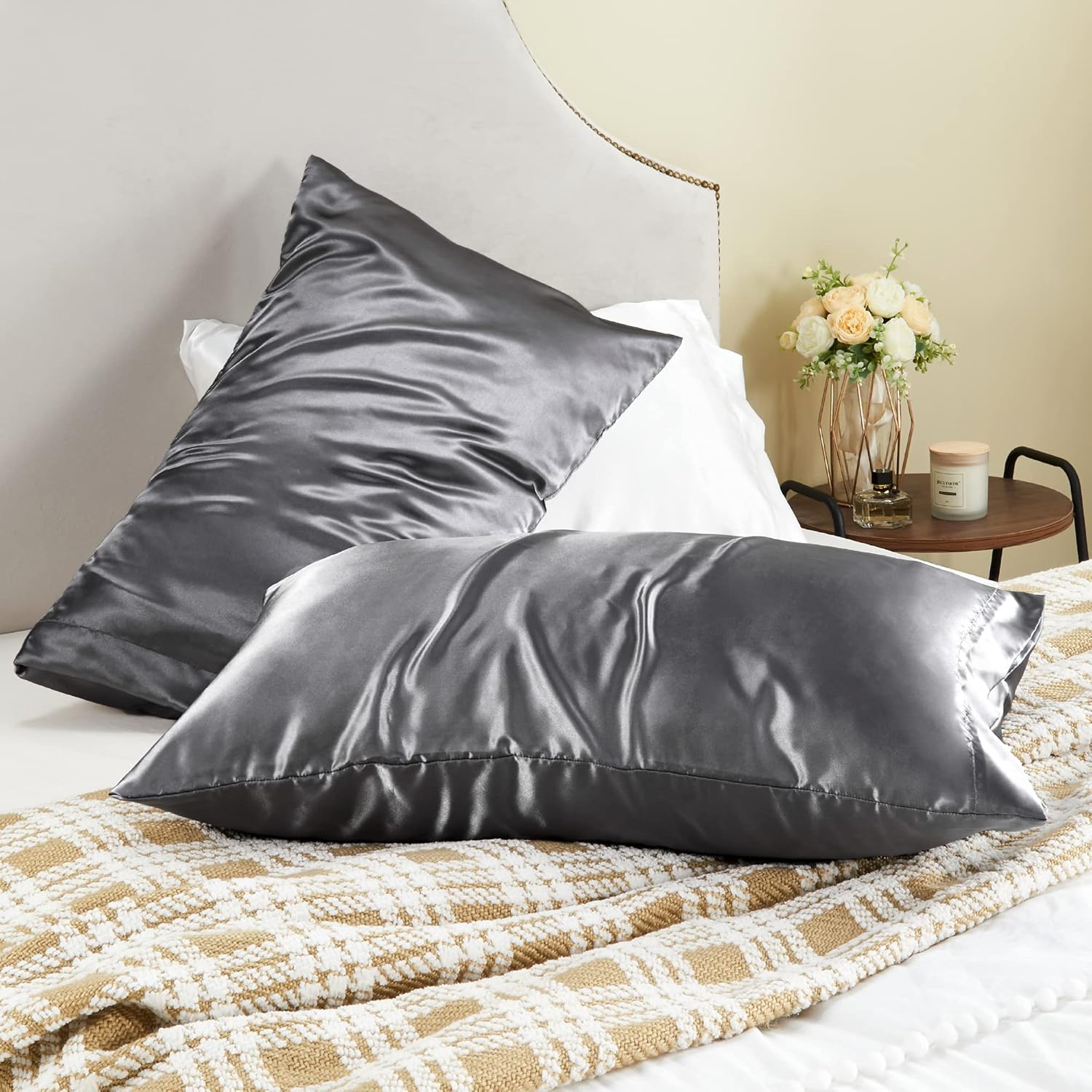 BEDELITE – Juego de 2 fundas de almohada de satén de tamaño King ideales para el cabello y la piel, supersuaves y sedosas, color gris oscuro, con