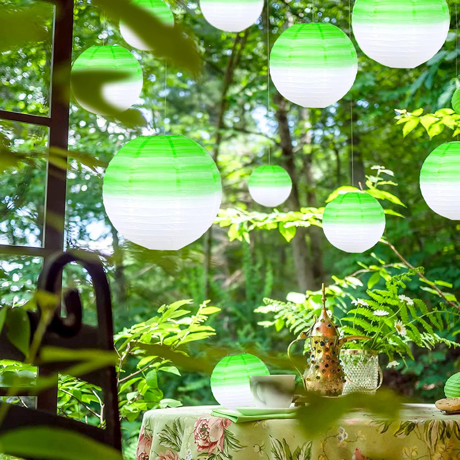 KAXIXI Faroles de papel colgantes de 10 pulgadas, linternas chinas japonesas con degradado verde, suministros de fiesta para bodas, graduaciones,