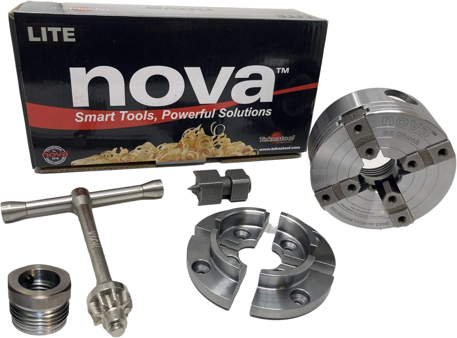 Paquete – 3 artículos – NOVA 48286 G3 Lite Woodlathe Chuck con juego de mandíbula de 2″, con adaptador de inserción IXNS 1″ X 8TPI y NCSC Chuck Spur