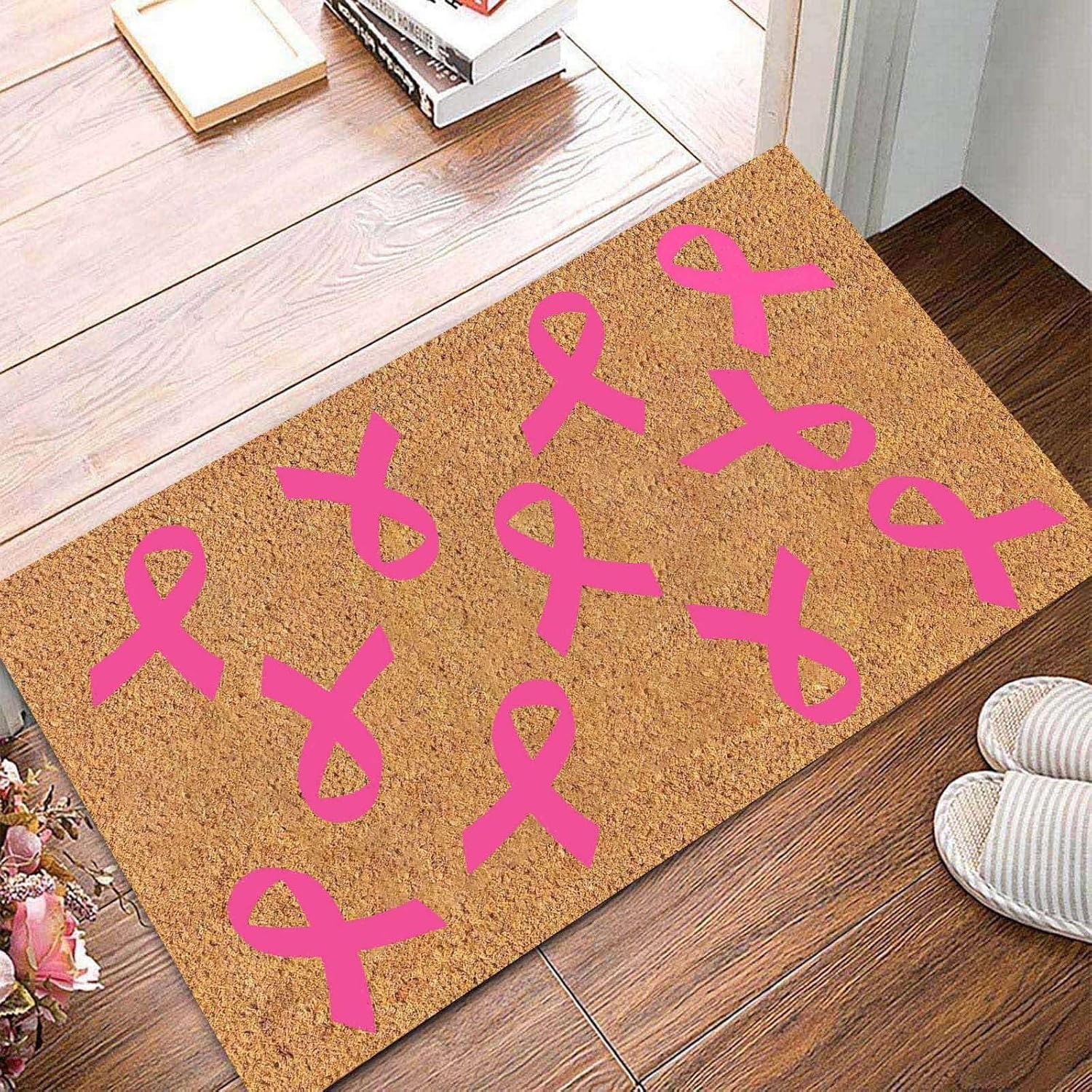 Tapete para puerta exterior, tapete para puerta de entrada interior, divertido, lavable, de 23 x 16 pulgadas, para concientización sobre el cáncer