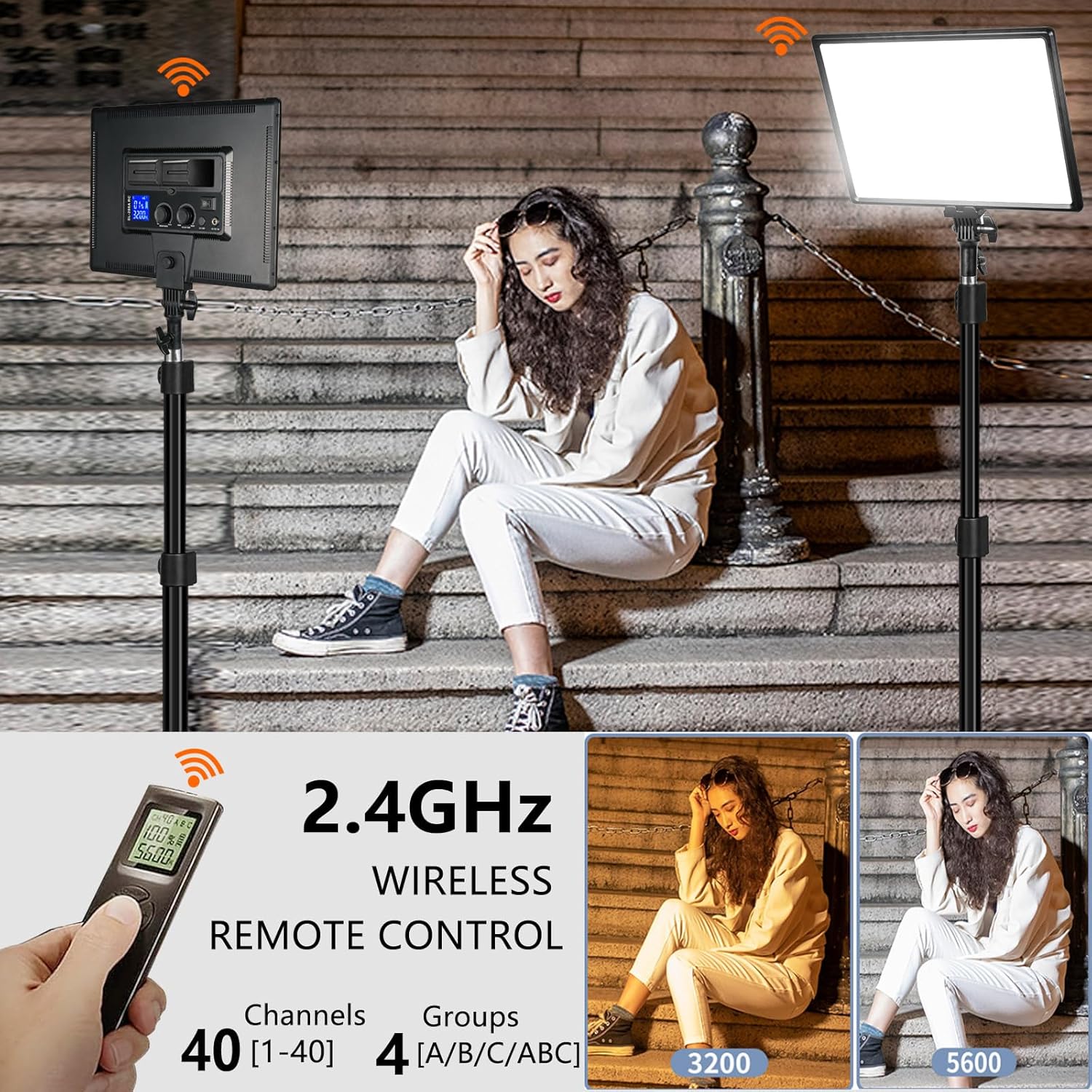 Paquete de 2 paneles de luz LED de video de 18 pulgadas, kit de iluminación de 45 W con control remoto + soporte de luz, regulable bicolor 3200K a