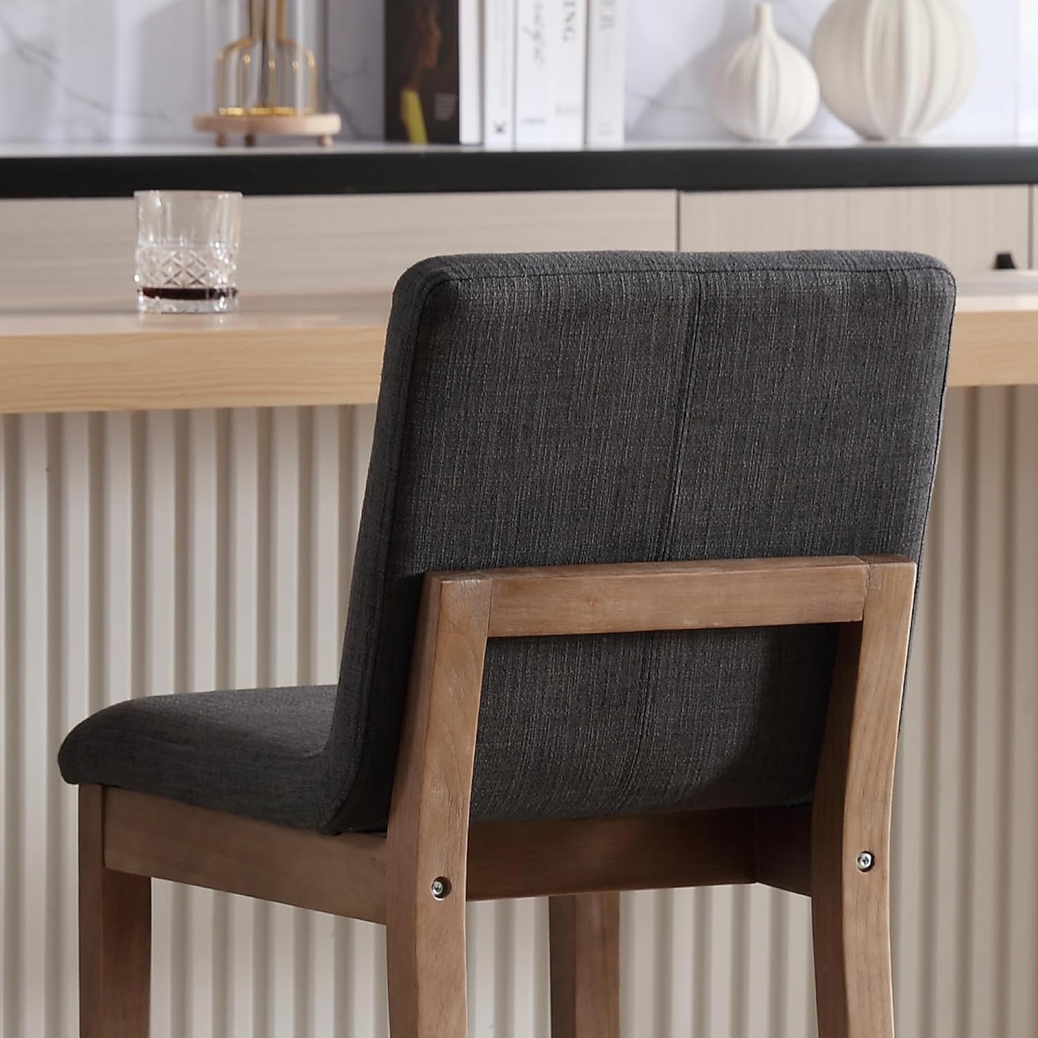 chairus Juego de 2 taburetes de bar altos de tela, taburetes de bar tapizados de lino con patas y respaldo de madera maciza para cocina, isla de