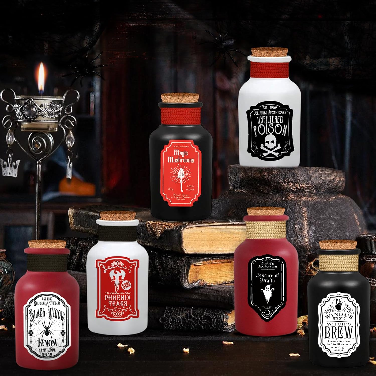 36 piezas de decoraciones de Halloween para interiores, 6 botellas de poción, 12 calcomanías de Halloween para decoración de Halloween, botellas de