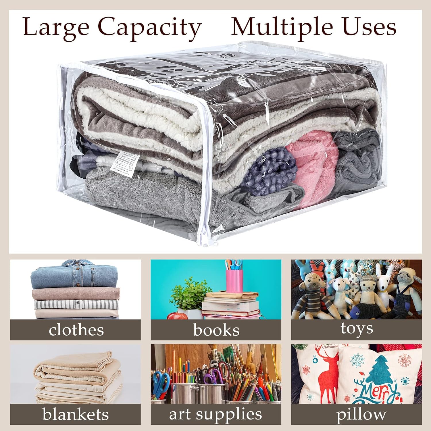 Paquete de 6 bolsas de almacenamiento transparentes con cremallera, bolsas de almacenamiento de plástico para mantas, ropa de cama, organizador de
