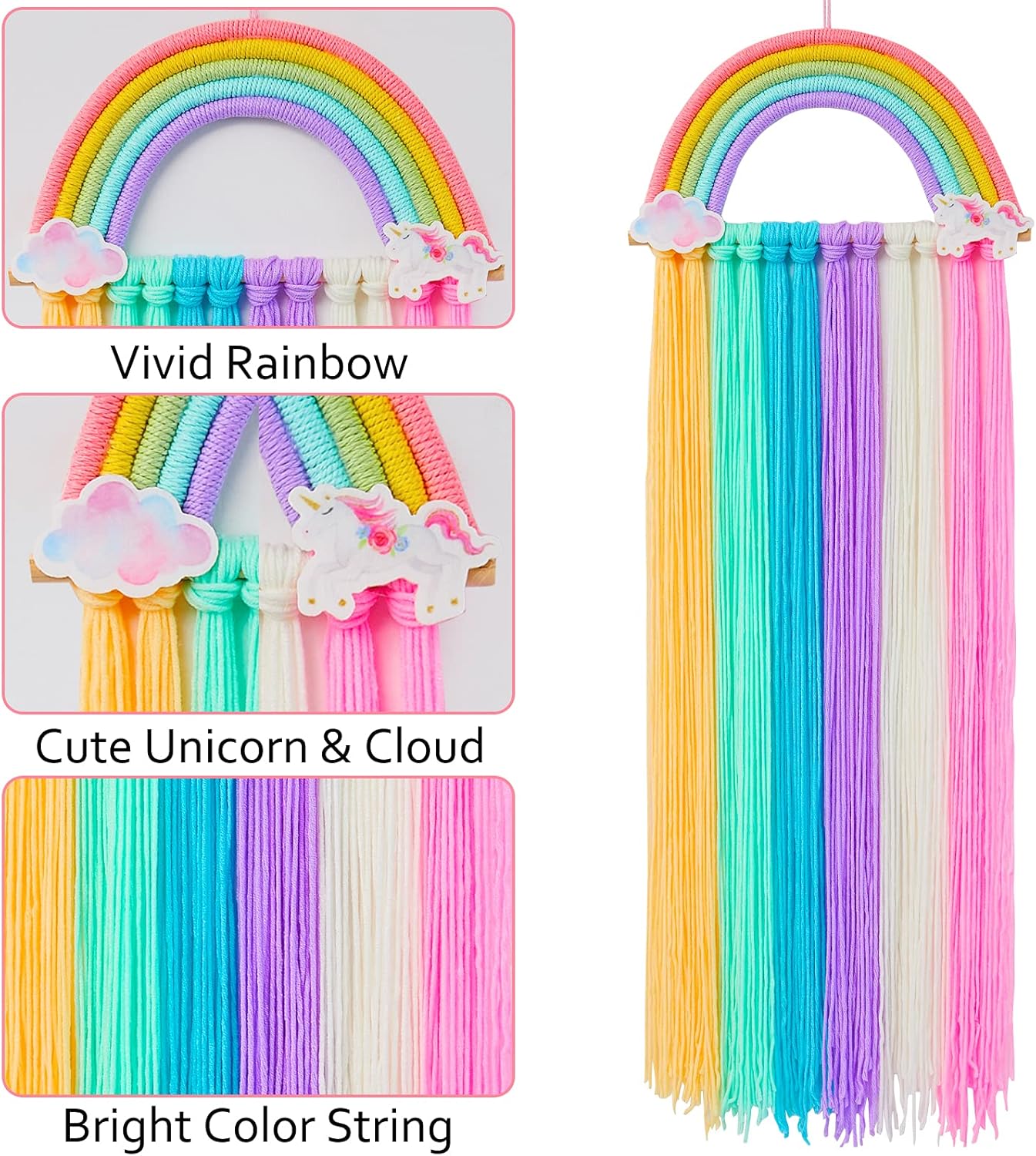 FIOBEE Organizador de lazos para el pelo de arco iris, clips de unicornio, soporte para diadema de unicornio para colgar en la pared, decoración del