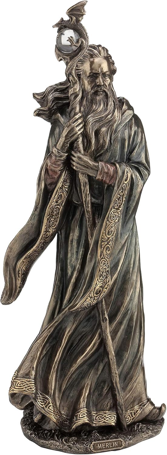 Veronese Design Bastón de bola de cristal de dragón de gran mago de Merlín de 18.5 pulgadas, resina fundida en frío, acabado de bronce antiguo,