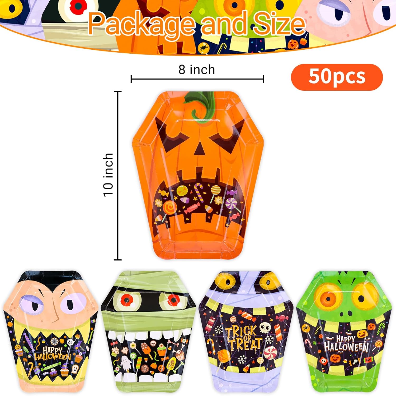 Platos de papel desechables de Halloween, 80 platos llanos de ataúd de 10 x 8 pulgadas, suministros de fiesta de comida de Halloween, 5 patines para