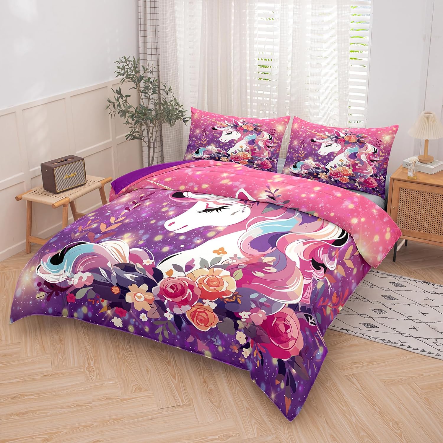 Tailor Shop Juego de ropa de cama de unicornio para niñas, juego de edredón de unicornio rosa y morado, juego de ropa de cama Queen Galaxy para