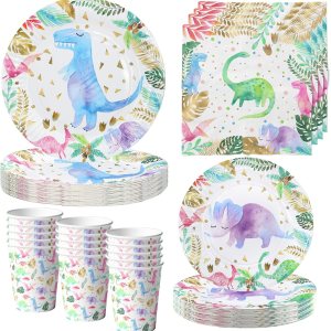 Juego de vajilla de fiesta de dinosaurio de acuarela para niña, suministros para fiesta de cumpleaños de dinosaurio rosa, incluye platos para tartas Juego de vajilla de fiesta de dinosaurio de acuarela para niña, suministros para fiesta de cumpleaños de dinosaurio rosa, incluye platos para tartas