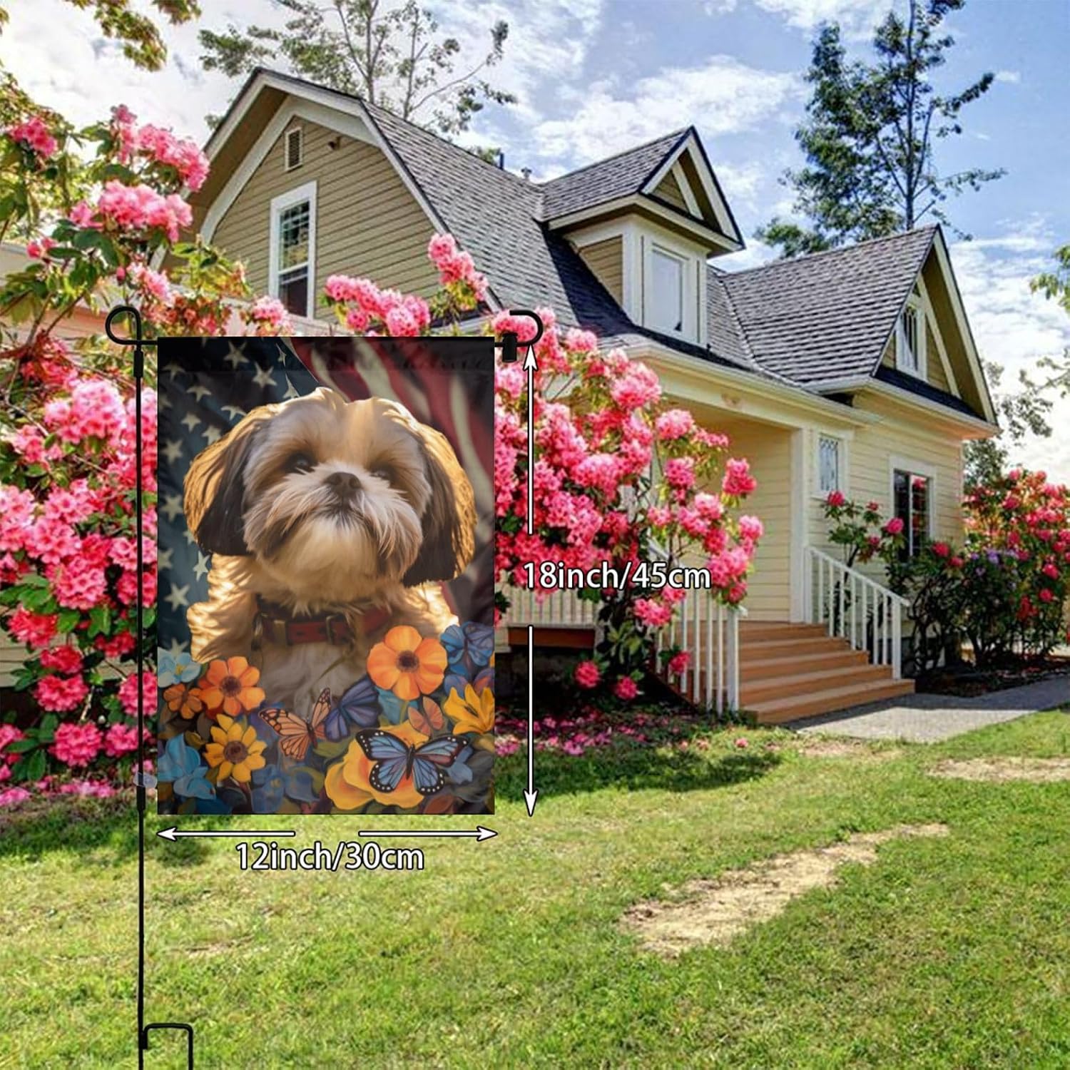 Bandera de jardín Shih Tzu Dogs – Bandera de Estados Unidos con diseño de girasol, 12 x 18 pulgadas, doble cara, decoración de patio al aire libre