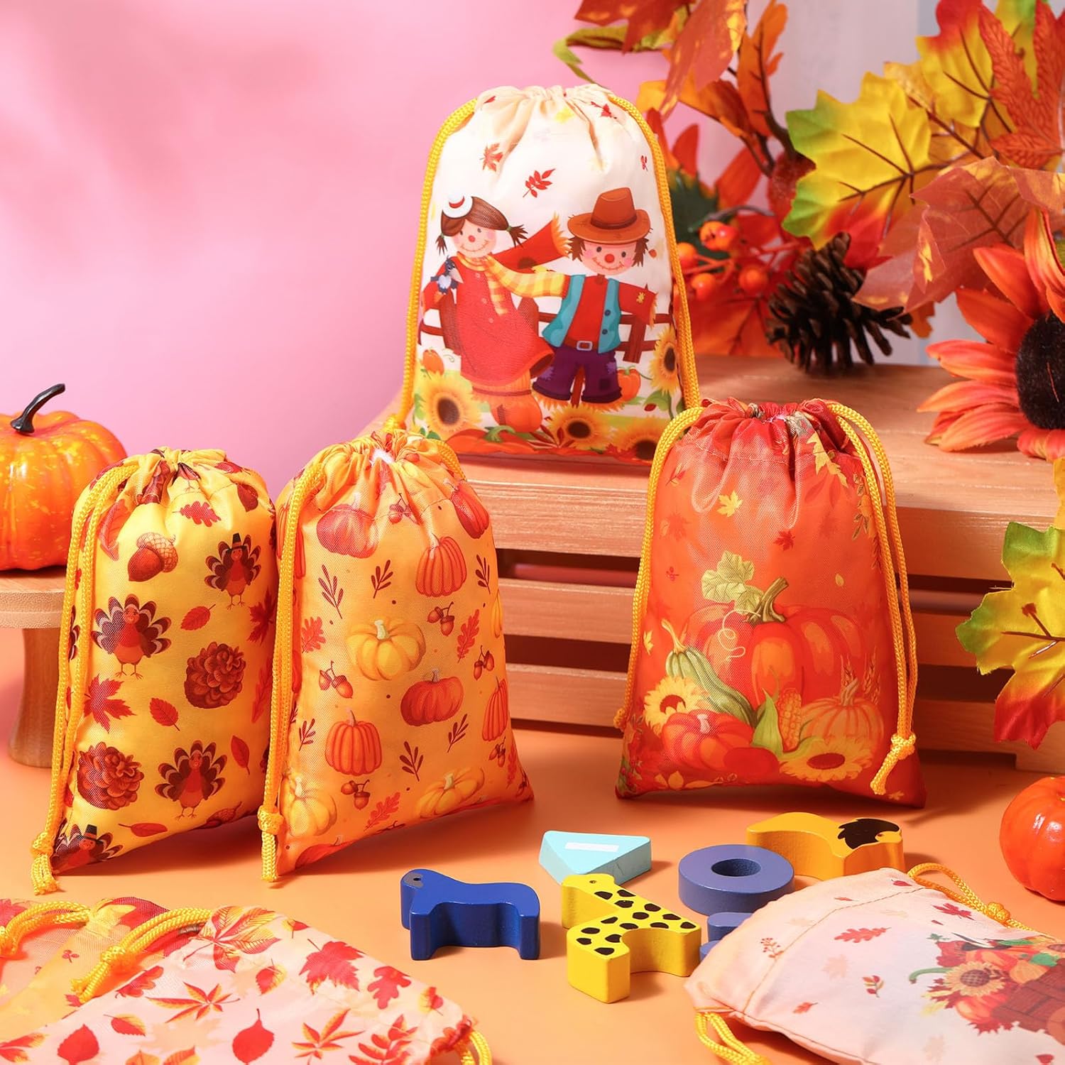 Honoson 24 bolsas de regalo de Acción de Gracias, bolsa de dulces de otoño, bolsas de regalo de Acción de Gracias, bolsas de calabaza, pavo, hojas