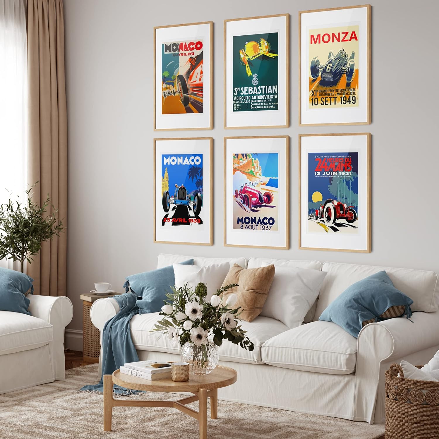 Póster vintage de coche  juego de 6 carteles vintage de carreras de autos – Decoración de pared de coche para hombres – Arte de pared de auto