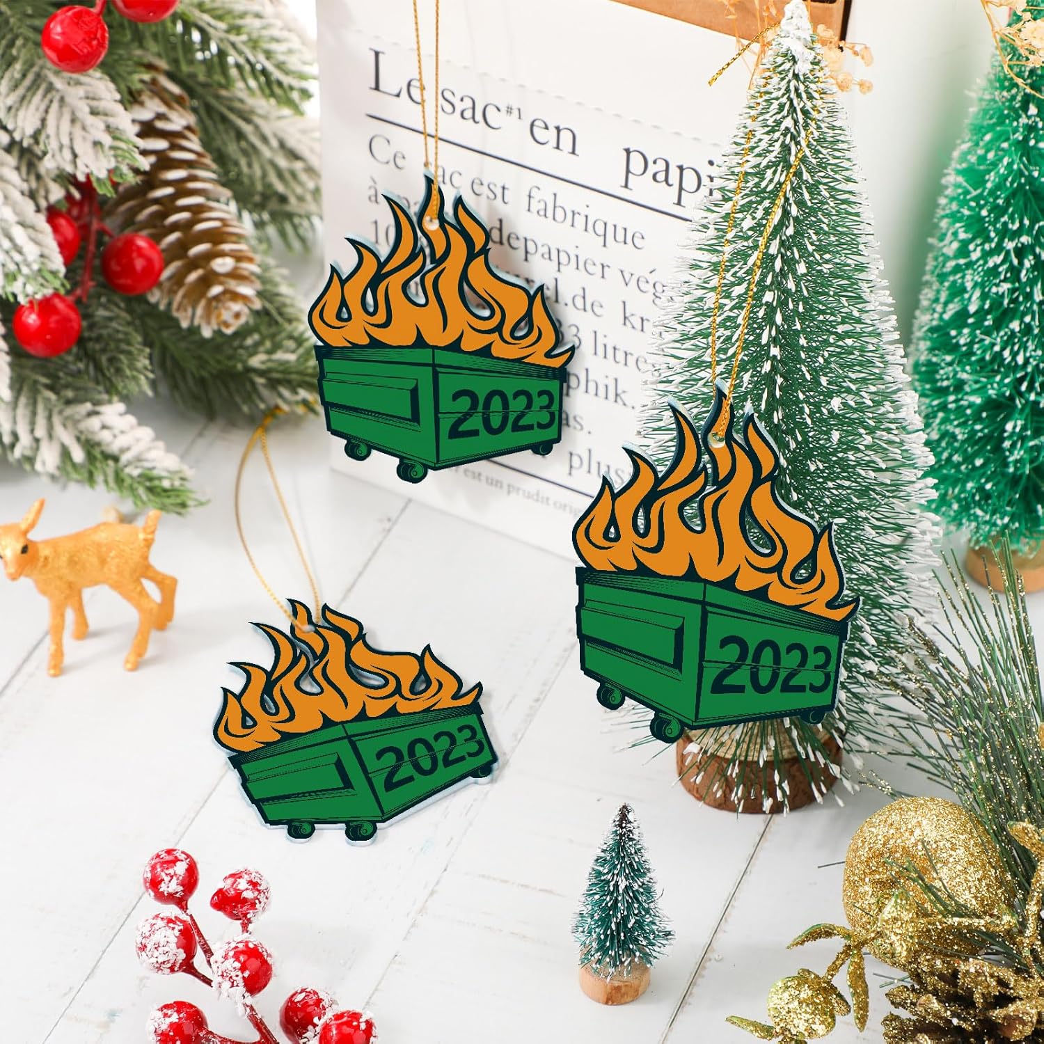9 piezas de adornos de basurero de Navidad para árbol de Navidad, decoraciones colgantes de doble cara de Navidad con cuerdas doradas
