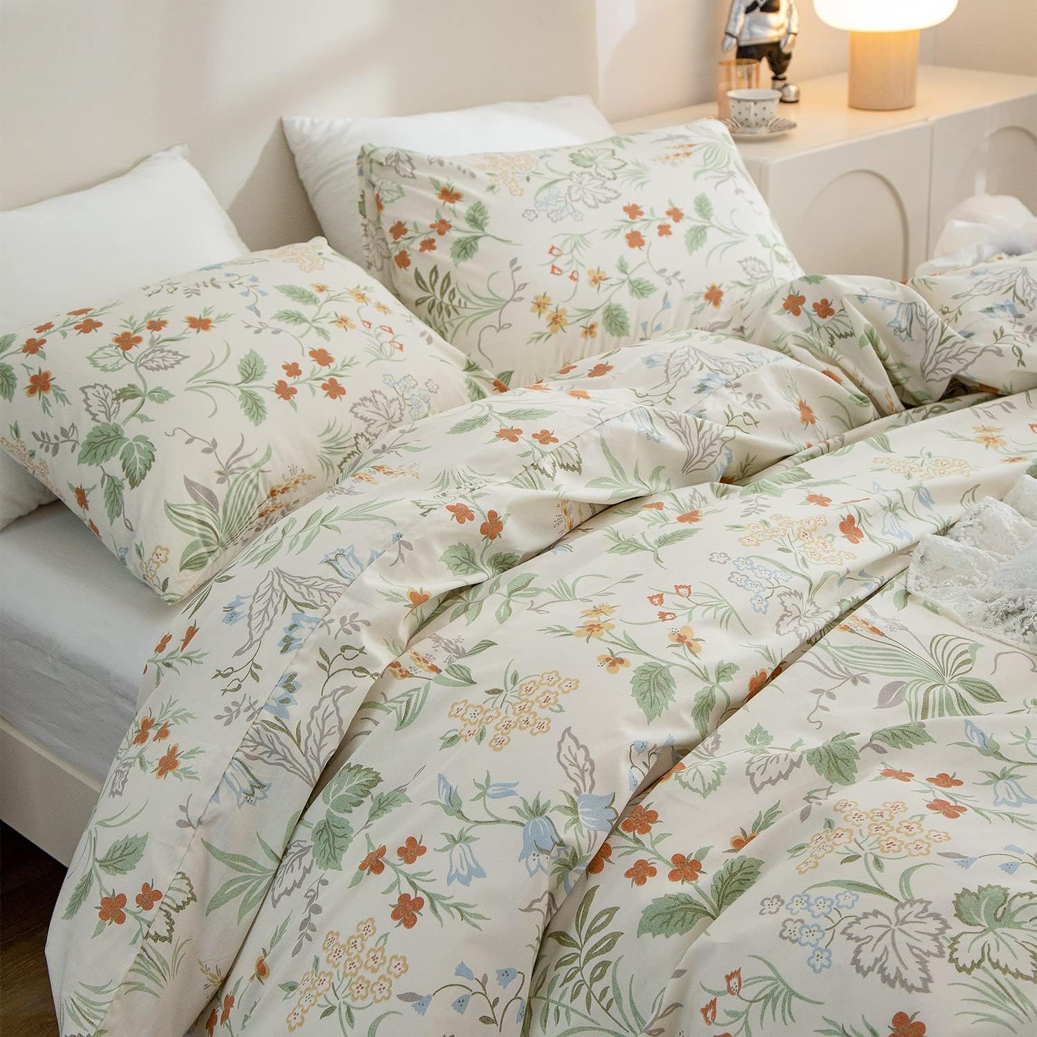 Fundas de edredón florales tamaño Queen, 100% algodón, elegantes juegos de ropa de cama floral tamaño Queen, 3 piezas, hojas de flores verdes y