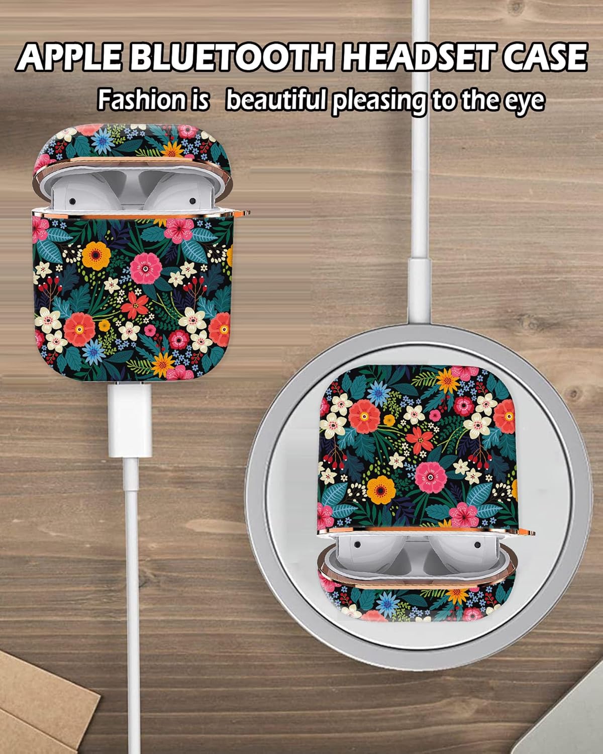 Funda para Airpod 1 y 2 de 2 generación, funda protectora a prueba de golpes con llavero de oro rosa para niñas, mujeres y hombres (flores y hojas